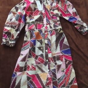 Never A Wallflower elastic collar  button up patchwork print dress  XS NWT